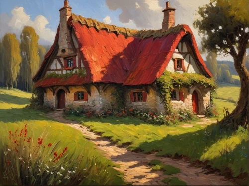 home landscape,country cottage,cottage,summer cottage,little house,small house,thatched cottage,house in the forest,farm house,danish house,farmhouse,traditional house,farm hut,lonely house,cottages,country house,ancient house,house painting,cottage garden,swiss house,Conceptual Art,Oil color,Oil Color 22
