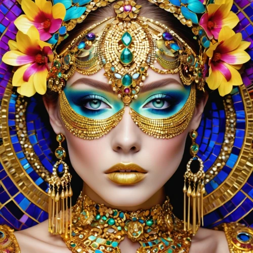 golden mask,cleopatra,gold mask,venetian mask,gold filigree,oriental princess,masquerade,golden wreath,headdress,adornments,gold jewelry,golden crown,indian headdress,golden eyes,gold crown,priestess,headpiece,gold and purple,ancient egyptian girl,orientalism,Photography,General,Realistic