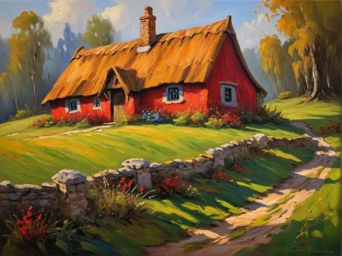 home landscape,cottage,country cottage,danish house,summer cottage,farmhouse,cottages,rural landscape,red barn,farm house,small house,little house,farm hut,traditional house,farm landscape,lonely house,thatched cottage,fisherman's house,red roof,woman house,Conceptual Art,Oil color,Oil Color 22