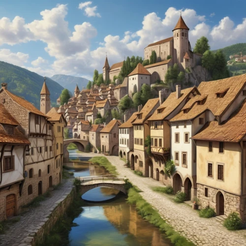 medieval town,escher village,knight village,alpine village,medieval street,transylvania,medieval architecture,spa town,alsace,bamberg,half-timbered houses,aurora village,mountain village,thun,mountain settlement,styria,medieval,colmar,dordogne,wooden houses,Photography,General,Realistic