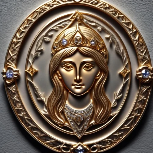 escutcheon,door knocker,art deco ornament,wall plate,gilding,brooch,decorative plate,bonnet ornament,swedish crown,belt buckle,art deco woman,car badge,zodiac sign libra,enamelled,gold crown,emblem,gold jewelry,head plate,mary-gold,ornament