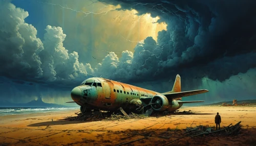 plane wreck,airplane crash,plane crash,douglas ac-47 spooky,douglas dc-3,douglas dc-7,turbulence,cargo plane,douglas dc-6,douglas dc-2,air transport,crash landing,douglas dc-4,southwest airlines,lockheed hudson,aeroplane,atomic age,stranded,boeing 307 stratoliner,aviation,Conceptual Art,Oil color,Oil Color 03