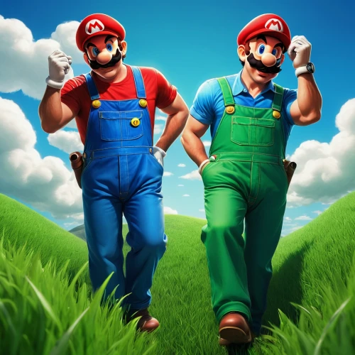 super mario brothers,mario bros,super mario,mario,forest workers,plumber,luigi,nintendo,game characters,farmers,greed,red and green,business icons,game art,summer icons,double rainbow,farm workers,toadstools,red and blue,builders,Conceptual Art,Fantasy,Fantasy 21