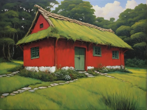 farm hut,grass roof,ricefield,straw hut,thatched cottage,little house,small house,red roof,home landscape,traditional house,rural landscape,luo han guo,thatched roof,red barn,fisherman's house,danish house,vietnam,korean folk village,house painting,cottage,Conceptual Art,Oil color,Oil Color 15