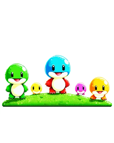 starters,yoshi,plush figures,kawaii frogs,pixaba,dango,pome fruit family,round kawaii animals,game pieces,gooseberry family,game characters,plush toys,toadstools,rubber ducks,mario bros,kirby,grass family,hatchlings,rimy,three-lobed slime,Unique,Pixel,Pixel 02