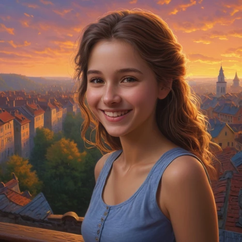romantic portrait,a girl's smile,city ​​portrait,world digital painting,girl portrait,portrait of a girl,portrait background,girl in a historic way,rapunzel,fantasy portrait,cg artwork,young woman,princess sofia,girl on the river,photo painting,mystical portrait of a girl,girl with bread-and-butter,art painting,painting technique,the girl's face,Illustration,Realistic Fantasy,Realistic Fantasy 27