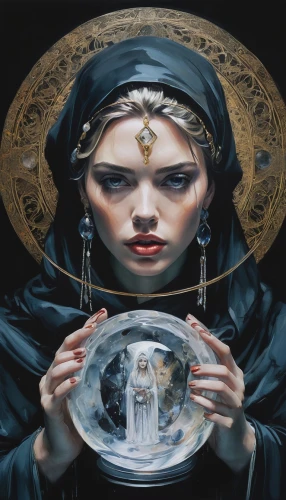 seven sorrows,priestess,divination,crystal ball,the prophet mary,mirror of souls,sorceress,gothic portrait,fortune teller,zodiac sign libra,mysticism,eucharistic,harmonia macrocosmica,esoteric,mystical portrait of a girl,horoscope libra,occult,pentacle,ball fortune tellers,the enchantress,Illustration,Paper based,Paper Based 20