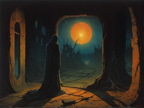 necropolis,sepulchre,hall of the fallen,portal,the threshold of the house,dance of death,hollow way,helloween,catacombs,pall-bearer,dungeons,game illustration,grave light,burial ground,threshold,end-of-admoria,fantasy picture,dunun,pilgrimage,candlemas,Conceptual Art,Oil color,Oil Color 08