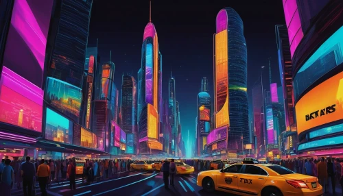 colorful city,cityscape,time square,futuristic landscape,fantasy city,cyberpunk,world digital painting,metropolis,city lights,city,big city,city scape,times square,cities,new york,the city,neon arrows,citylights,city at night,neon,Illustration,American Style,American Style 01