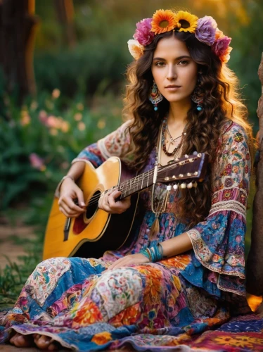 folk music,gypsy soul,country dress,beautiful girl with flowers,hippie fabric,bohemian,girl in flowers,hippie,boho,gypsy hair,hippie time,old country roses,hippy,acoustic guitar,gipsy,gypsy,russian folk style,vintage woman,bluegrass,countrygirl,Illustration,Realistic Fantasy,Realistic Fantasy 33