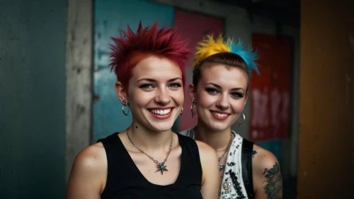 punk,redheads,two girls,mohawk,mohawk hairstyle,punk design,smiley girls,sisters,young women,beautiful photo girls,pixie-bob,portrait photographers,rockabilly style,lis,beautiful women,joint dolls,photo shoot for two,pretty women,artificial hair integrations,hierochloe