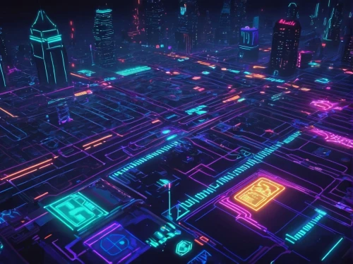 cyberpunk,colorful city,tetris,neon arrows,neon ghosts,neon lights,neon light,cyberspace,metropolis,fantasy city,neon,circuit board,circuitry,neon human resources,pixel cells,city blocks,neon drinks,80s,cubes,maze,Unique,Pixel,Pixel 04