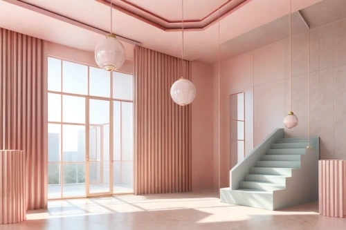 3d rendering,daylighting,modern room,archidaily,render,light pink,interior design,hallway space,staircase,outside staircase,gold-pink earthy colors,sky apartment,interiors,danish room,room divider,stairwell,an apartment,circular staircase,winding staircase,pink chair