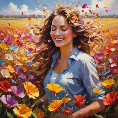 girl in flowers,beautiful girl with flowers,splendor of flowers,flower painting,girl picking flowers,oil painting on canvas,flower art,falling flowers,oil painting,field of flowers,sea of flowers,scattered flowers,blanket of flowers,picking flowers,wildflowers,a girl's smile,flowers fall,flowers field,flower field,flower nectar,Conceptual Art,Oil color,Oil Color 09