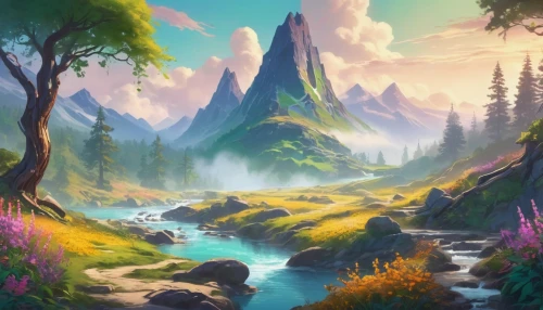 fantasy landscape,landscape background,mountain landscape,forest landscape,river landscape,mountain scene,nature landscape,mountainous landscape,forest background,salt meadow landscape,meadow landscape,mountain meadow,high landscape,cartoon video game background,elven forest,an island far away landscape,valley,mushroom landscape,druid grove,fantasy picture,Illustration,Retro,Retro 12