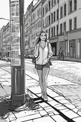 a pedestrian,girl walking away,pedestrian,woman walking,street scene,city trans,camera illustration,camera drawing,the girl at the station,walking,walk,stroll,pedestrian zone,on the street,stockholm,streetlife,pedestrian crossing,oslo,berlin,girl with speech bubble,Illustration,Black and White,Black and White 04