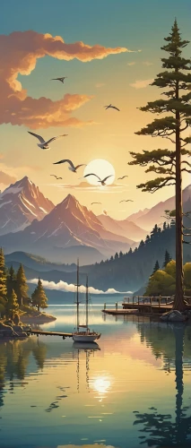 landscape background,evening lake,mountainlake,mountain lake,beautiful lake,world digital painting,nature landscape,river landscape,beautiful landscape,an island far away landscape,mountain sunrise,high mountain lake,salt meadow landscape,fantasy landscape,coastal landscape,mountain landscape,boat landscape,lake tanuki,natural landscape,mountain scene,Illustration,Children,Children 04