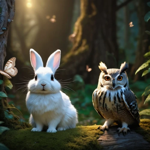 woodland animals,rabbit owl,rabbits and hares,forest animals,rabbit family,rabbits,animal film,whimsical animals,cartoon forest,anthropomorphized animals,white rabbit,easter rabbits,hare trail,bunnies,studio ghibli,peter rabbit,wood rabbit,hares,3d fantasy,easter theme,Photography,General,Fantasy