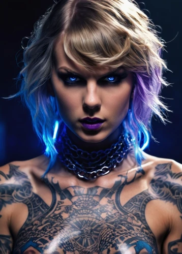 neon body painting,tattoo girl,blue enchantress,photoshop manipulation,chainlink,tattoos,blue snake,bodypaint,fierce,black light,with tattoo,neon lights,electric blue,edit icon,tattooed,violet head elf,cobalt blue,neon light,blue eyes,blue background,Photography,General,Realistic