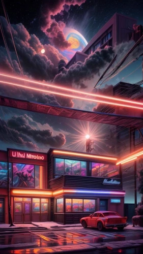 retro diner,electric gas station,futuristic landscape,motel,neon coffee,80s,gas station,neon arrows,neon lights,cyberpunk,drive in restaurant,drive-in,night highway,gas-station,parking lot,aesthetic,80's design,holiday motel,neon light,suburb