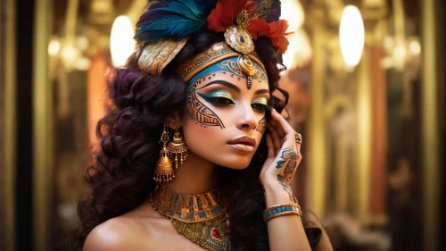 ancient egyptian girl,cleopatra,egyptian,tutankhamun,tutankhamen,pharaonic,ancient egyptian,venetian mask,oriental princess,fantasy portrait,headdress,arabian,ancient egypt,catrina calavera,indian headdress,indian bride,gold jewelry,headpiece,gypsy soul,horus