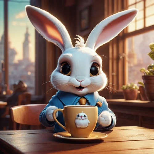 cute cartoon character,white rabbit,peter rabbit,bunny,teacup,deco bunny,cup of cocoa,cute coffee,little bunny,cappuccino,mocaccino,macchiato,jack rabbit,cute cartoon image,white bunny,drinking coffee,coffee background,tea time,coffee break,little rabbit,Photography,General,Realistic