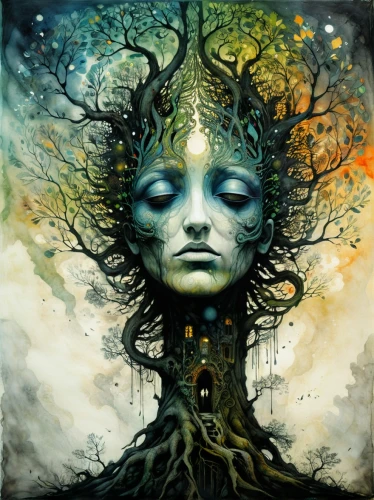 dryad,shamanic,girl with tree,shamanism,mother earth,rooted,the enchantress,mystical portrait of a girl,fantasy art,priestess,shaman,tree crown,astral traveler,tree thoughtless,equilibrium,psychedelic art,tree of life,faerie,mysticism,anahata,Illustration,Abstract Fantasy,Abstract Fantasy 18