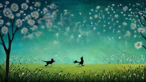 fairy forest,dandelion field,dandelion background,fairy world,springtime background,dandelion meadow,fireflies,flying dandelions,children's background,fairies,easter background,forest of dreams,spring background,cartoon video game background,dandelions,cartoon forest,fairies aloft,meadow play,clover meadow,fawns,Illustration,Abstract Fantasy,Abstract Fantasy 02