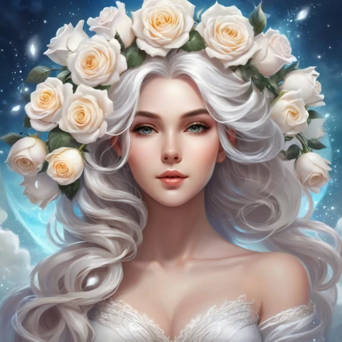 white rose snow queen,white roses,fantasy portrait,winter rose,white rose,rose flower illustration,the snow queen,rose wreath,moonflower,white blossom,elven flower,porcelain rose,beautiful girl with flowers,noble roses,romantic portrait,romantic rose,white beauty,scent of roses,white lady,wreath of flowers,Illustration,Realistic Fantasy,Realistic Fantasy 01