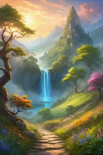 fantasy landscape,landscape background,fantasy picture,cartoon video game background,forest landscape,druid grove,elven forest,fairy forest,spring background,forest background,fairy world,springtime background,children's background,mountain landscape,nature landscape,mountain scene,an island far away landscape,mushroom landscape,beautiful landscape,purple landscape,Illustration,Realistic Fantasy,Realistic Fantasy 01