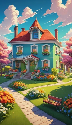studio ghibli,dandelion hall,house painting,sakura background,home landscape,spring background,beautiful home,springtime background,country estate,house silhouette,japanese sakura background,country house,witch's house,little house,aurora village,sakura tree,idyllic,country hotel,lonely house,private house,Conceptual Art,Fantasy,Fantasy 03