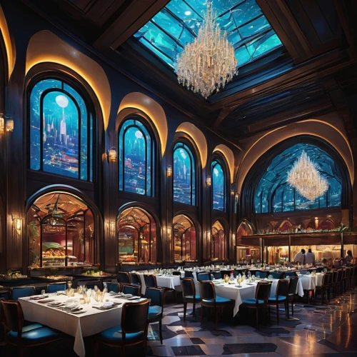 fine dining restaurant,new york restaurant,restaurant bern,ornate room,a restaurant,dining room,exclusive banquet,ballroom,shanghai disney,emirates palace hotel,dining,alpine restaurant,breakfast room,luxury hotel,venetian hotel,dragon palace hotel,bistro,restaurants,art nouveau design,billiard room,Illustration,Retro,Retro 26