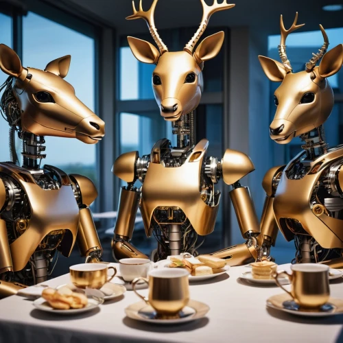 gold deer,anthropomorphized animals,robots,coffee break,tea service,breakfast buffet,teatime,raindeer,tea time,breakfast table,reindeer,moka pot,pere davids deer,sautéed reindeer,tea party,tea set,chinaware,espresso,afternoon tea,robotic