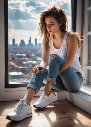 window sill,girl sitting,sneakers,holding shoes,windowsill,on the roof,relaxed young girl,female model,woman sitting,foot model,jeans background,white boots,girl on the stairs,puma,adidas,ripped jeans,women's shoes,white clothing,girl in t-shirt,blue shoes,Conceptual Art,Oil color,Oil Color 08