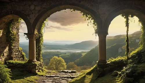 fantasy landscape,fantasy picture,landscape background,ruined castle,castle ruins,jrr tolkien,hall of the fallen,landscapes,the ruins of the,mountain landscape,archway,panoramic landscape,landscapes beautiful,mountainous landscape,the valley of the,home landscape,the landscape of the mountains,high landscape,green landscape,fantasy art,Conceptual Art,Daily,Daily 06