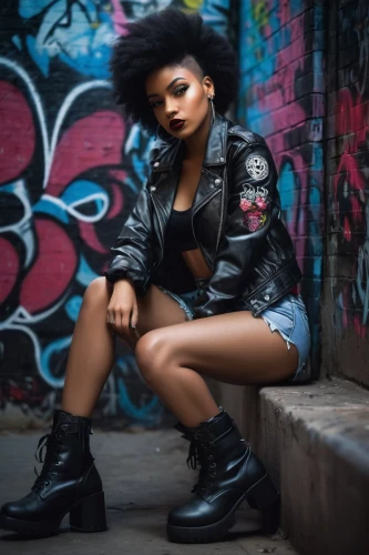 ebony,leather jacket,leather,black leather,leather boots,novelist,ash leigh,concrete chick,leather texture,punk,bomber,leather hat,femme fatale,black jane doe,bolero jacket,afro american girls,toni,boots,santana,fierce,Illustration,Retro,Retro 26