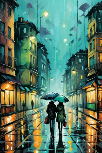 umbrellas,walking in the rain,umbrella,man with umbrella,rainy,rainy day,hanoi,in the rain,monsoon,world digital painting,golden rain,blue rain,rains,rainy season,rain,rainstorm,heavy rain,asian umbrella,light rain,after rain,Illustration,Realistic Fantasy,Realistic Fantasy 23