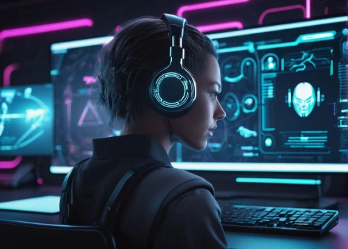 girl at the computer,cyberpunk,neon human resources,headset,wireless headset,cyber,headset profile,operator,cyber glasses,lan,computer,control center,computer game,computer graphics,monitors,computer art,headsets,coder,engineer,women in technology,Conceptual Art,Sci-Fi,Sci-Fi 09