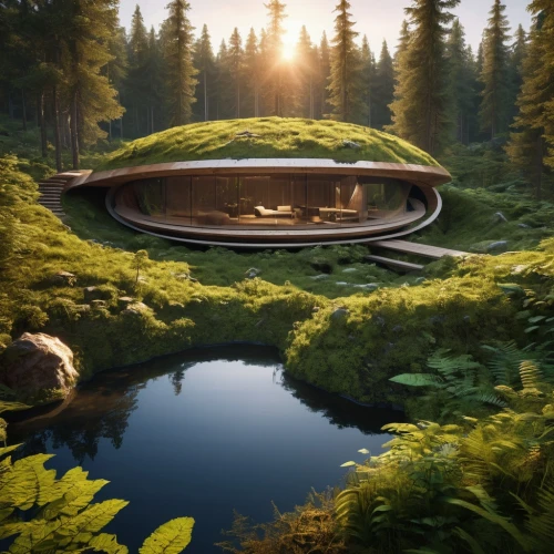 house in the forest,round hut,futuristic architecture,round house,eco hotel,futuristic landscape,grass roof,tree house hotel,ufo interior,ufo,saucer,flying saucer,roof landscape,tree house,floating island,the cabin in the mountains,house in mountains,mushroom landscape,house in the mountains,beautiful home,Photography,General,Realistic