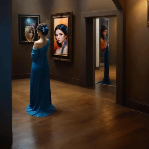art gallery,magic mirror,gallery,doll looking in mirror,a museum exhibit,the mirror,blue room,hallway,in the mirror,paintings,great gallery,mirrors,girl in a long dress from the back,mirror frame,droste effect,mirror reflection,fine art,art dealer,mona lisa,the mona lisa