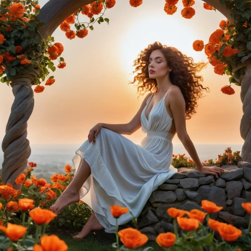 orange roses,orange rose,fantasy picture,girl in the garden,romantic portrait,celtic woman,girl in flowers,fantasy portrait,orange,orange blossom,orange petals,way of the roses,orange scent,girl in a wreath,orange robes,beautiful girl with flowers,enchanting,oranges,merida,secret garden of venus