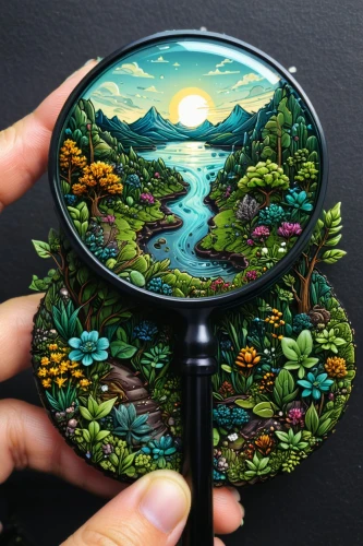 magnify glass,magnifying glass,hand painting,glass painting,magnifying lens,magnifier glass,tiny world,3d fantasy,mushroom landscape,mirror in the meadow,hand-painted,reading magnifying glass,magnifying,circular puzzle,magic mirror,fantasy art,magnifier,fairy door,magical pot,wood mirror,Illustration,Realistic Fantasy,Realistic Fantasy 25