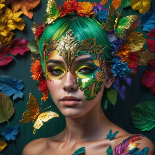 fairy peacock,bodypaint,masquerade,face paint,bodypainting,flower fairy,body painting,faerie,faery,girl in a wreath,brazil carnival,peacock,tropical butterfly,girl in flowers,dryad,venetian mask,colorful floral,butterfly floral,flora,fantasy portrait,Photography,Artistic Photography,Artistic Photography 08