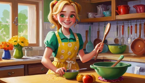 girl in the kitchen,pippi longstocking,girl with cereal bowl,cooking book cover,homemaker,girl with bread-and-butter,star kitchen,chef,housewife,doll kitchen,cooking utensils,cooking spoon,cutting vegetables,confectioner,kitchenknife,geppetto,food preparation,cute cartoon image,madeleine,gingerbread maker,Illustration,Realistic Fantasy,Realistic Fantasy 34