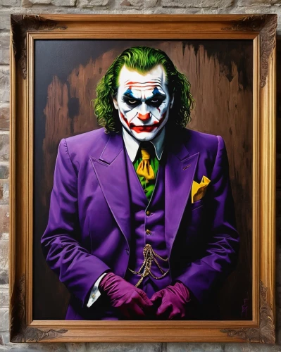 joker,framed paper,ringmaster,jigsaw,it,bodypainting,wall,purple frame,popular art,jigsaw puzzle,art painting,custom portrait,creepy clown,ledger,wall art,cool pop art,clown,holding a frame,oil painting on canvas,meticulous painting,Art,Classical Oil Painting,Classical Oil Painting 04