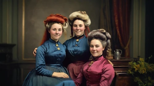 young women,mahogany family,mulberry family,the victorian era,redheads,the long-hair cutter,distaff thistles,the girl's face,ginger family,ladies group,the three graces,sisters,two girls,hairstyles,three primary colors,mother with children,color image,oil painting on canvas,mustard and cabbage family,oil painting