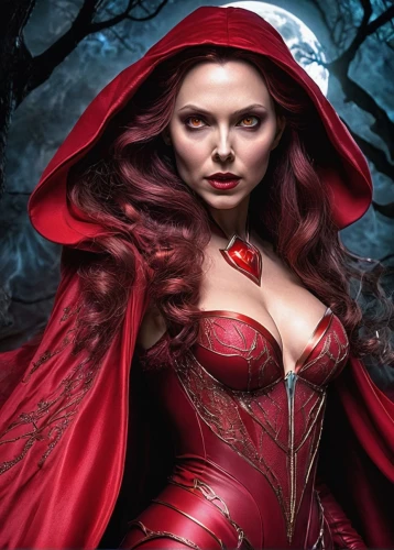 scarlet witch,red riding hood,little red riding hood,red coat,red cape,the enchantress,sorceress,fantasy woman,vampire woman,red tunic,red super hero,lady in red,red gown,red,huntress,queen of hearts,shades of red,evil woman,vampire lady,wanda,Illustration,Realistic Fantasy,Realistic Fantasy 02