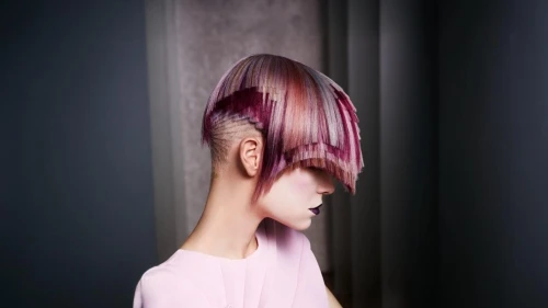 asymmetric cut,light purple,hime cut,veil purple,trend color,hair coloring,pink-purple,pink hair,dark pink in colour,violet head elf,artificial hair integrations,wing purple,back of head,dusky pink,pixie-bob,stylograph,dark pink,hairstyler,asian conical hat,natural pink