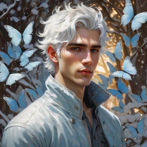 white butterflies,blue butterflies,butterflies,lepidopterist,moths and butterflies,male elf,fantasy portrait,white butterfly,white rose snow queen,eternal snow,autumn icon,cupido (butterfly),white feather,chasing butterflies,butterflay,summer snowflake,white snowflake,blue snowflake,blue butterfly,butterfly white,Conceptual Art,Fantasy,Fantasy 18