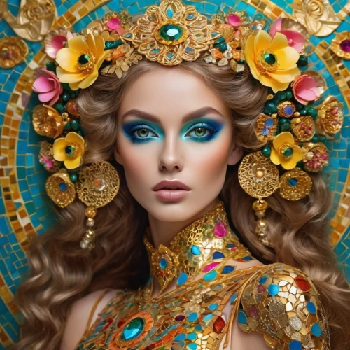 fantasy portrait,fantasy art,golden wreath,fairy peacock,cleopatra,peacock,golden mask,oriental princess,masquerade,golden crown,turquoise,priestess,baroque angel,venetian mask,fantasy woman,orientalism,teal blue asia,jeweled,the carnival of venice,gold jewelry,Photography,General,Cinematic